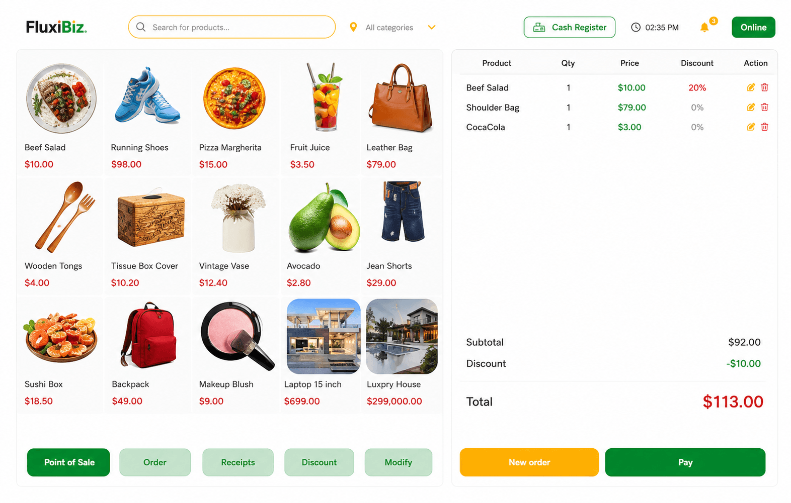 FluxiBiz point-of-sale screen